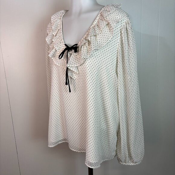 LOFT Top XL White Black Polka Dot V-Neck Ruffle Tie Long Sleeve Blouse Women's - Picture 3 of 9